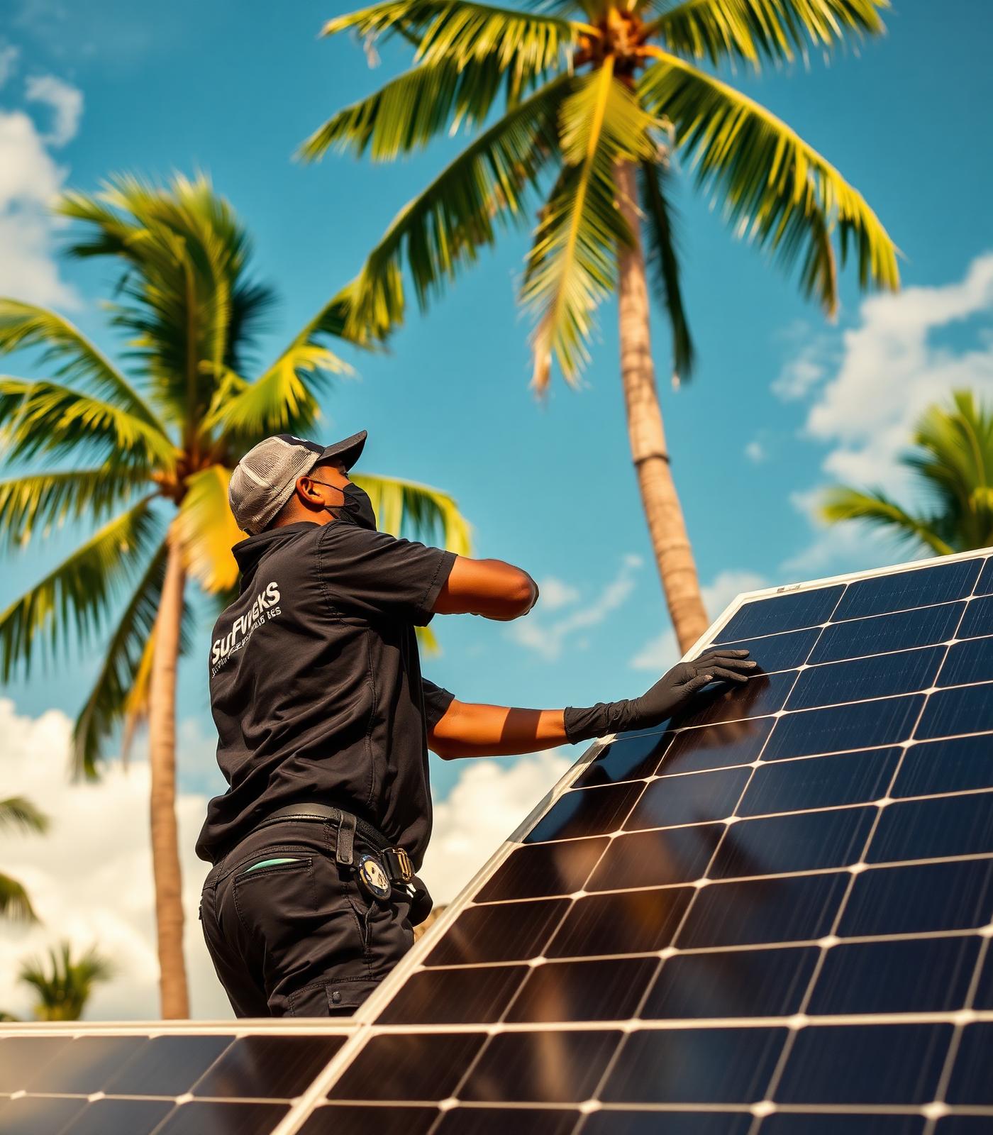 Paragon technician installing a solar panel on a Jamaican rooftop